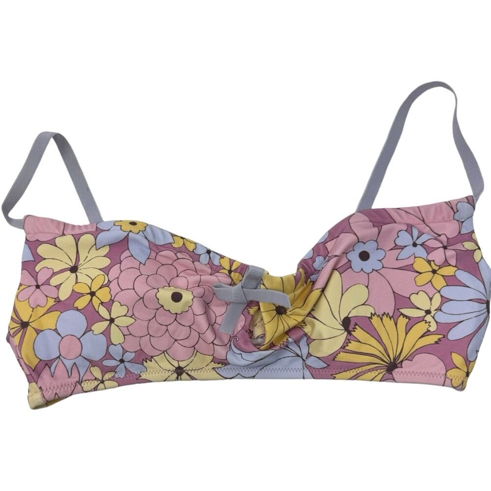 Aerie Bandeau Cut Out Bikini Top Dainty Bow Floral‎ Retro Purple Pink Size S